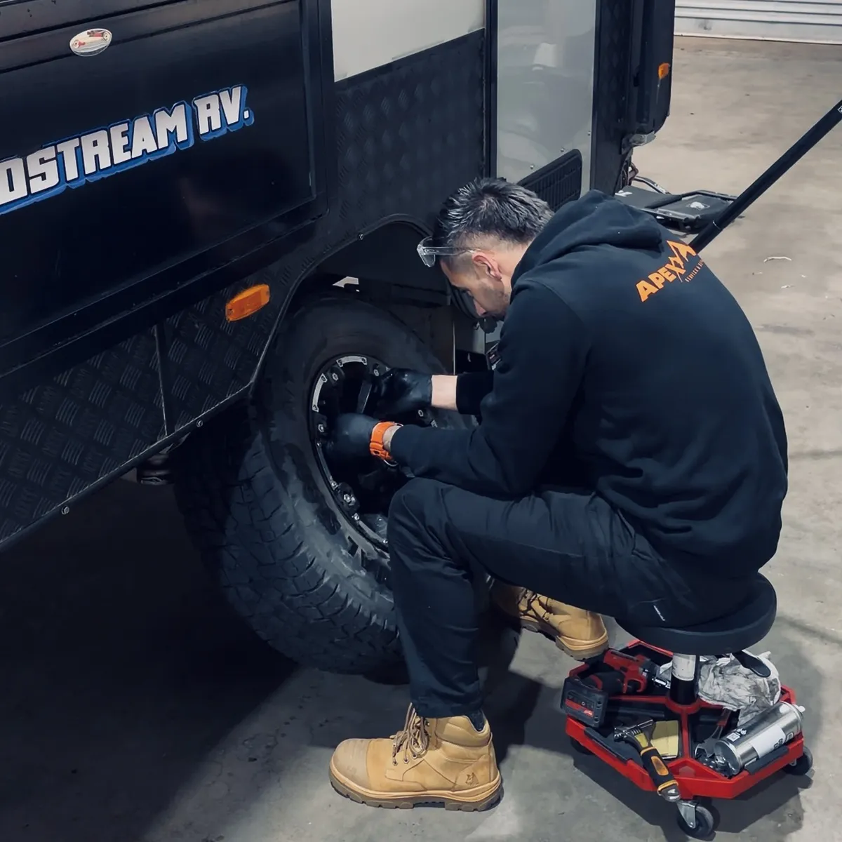 Mark servicing brake hub on Goldstream RV