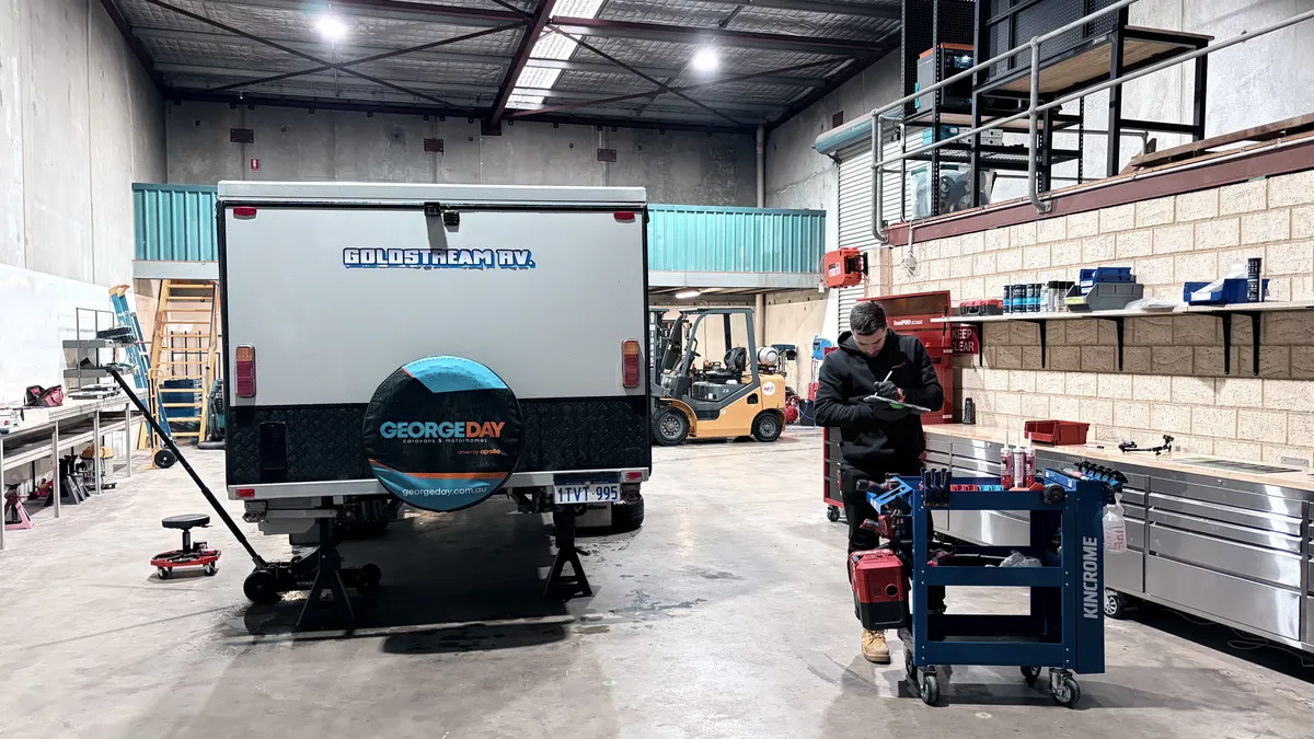 Apex workshop with Goldstream caravan and Kincrome toolbox